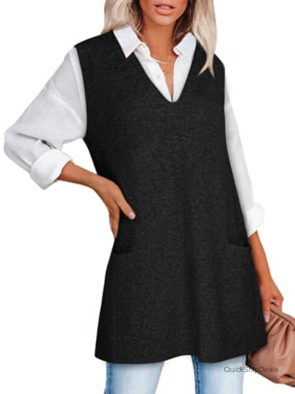 Womens Sleeveless V Neck Sweater Vest Long Tunic Dress Oversized